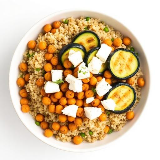 Bowl quinoa, pois chiches rôtis au cumin, courgettes grillées, feta, huile d'olive citronnée