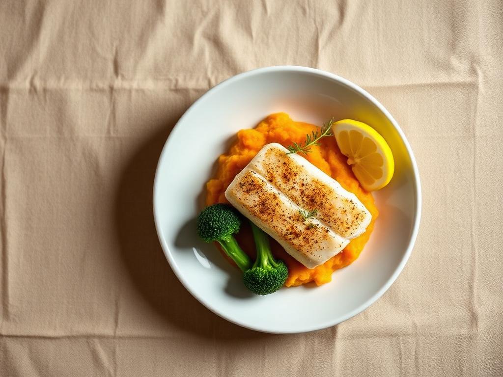Filet de cabillaud vapeur, écrasé de patate douce, brocoli à l'ail