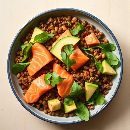 Salade de lentilles, saumon fumé, avocat, roquette, vinaigrette moutarde