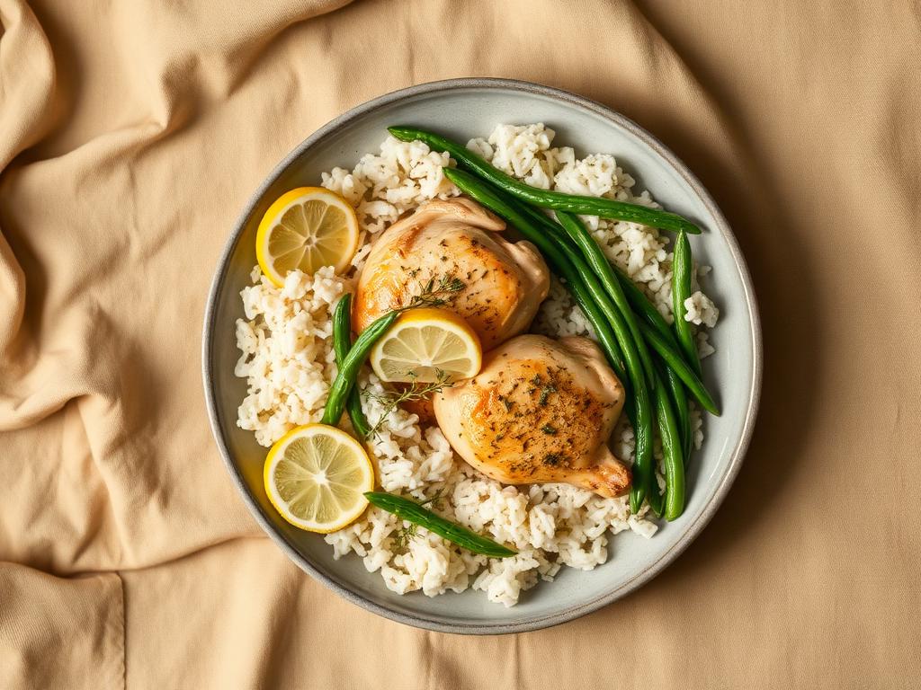 Poêlée poulet citron-thym, haricots verts, riz basmati complet